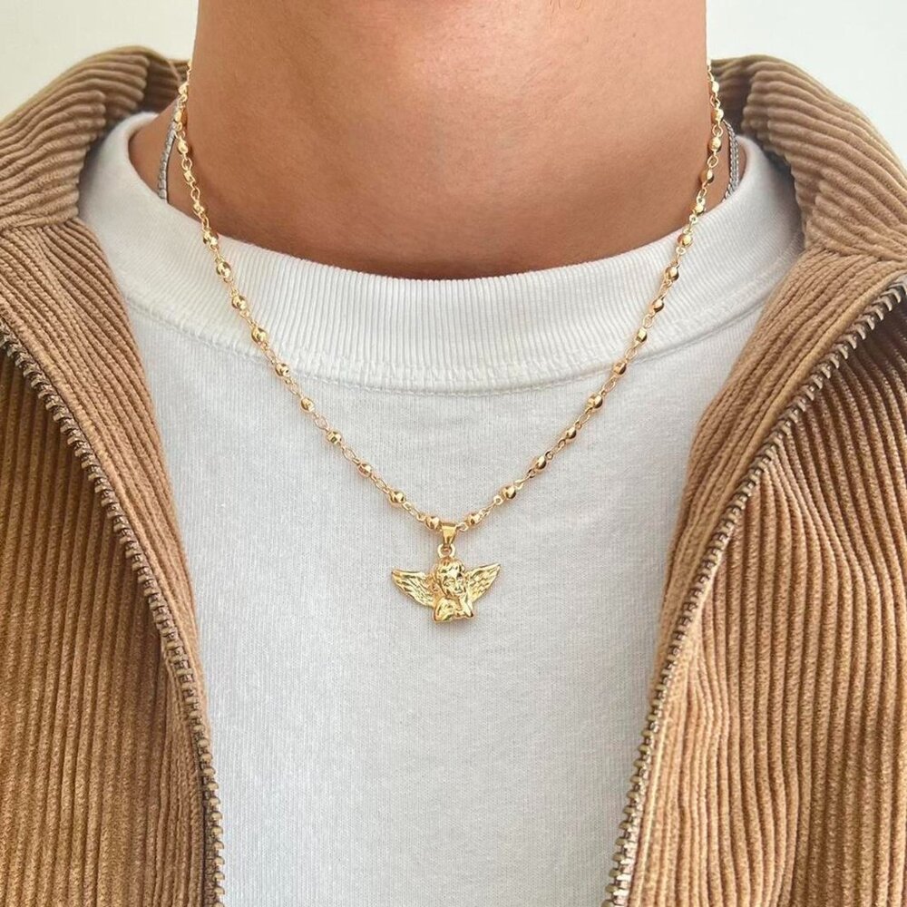 y2k style gold rosary bead chain link angel cherub necklace